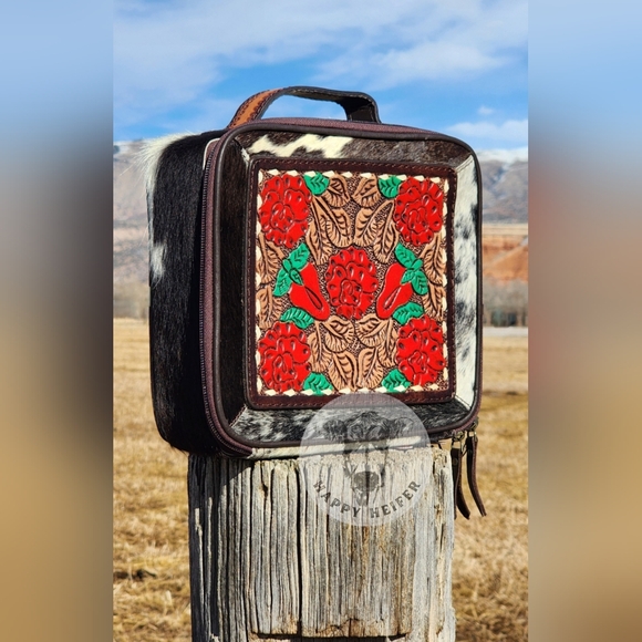 American Darling Floral Handtooled Leather and Genuine Cowhide Jewelry Case. - Picture 2 of 7